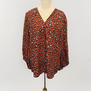Edge Animal Print Rust Orange Blue‎ V Neck Blouse Size Large NWOT
